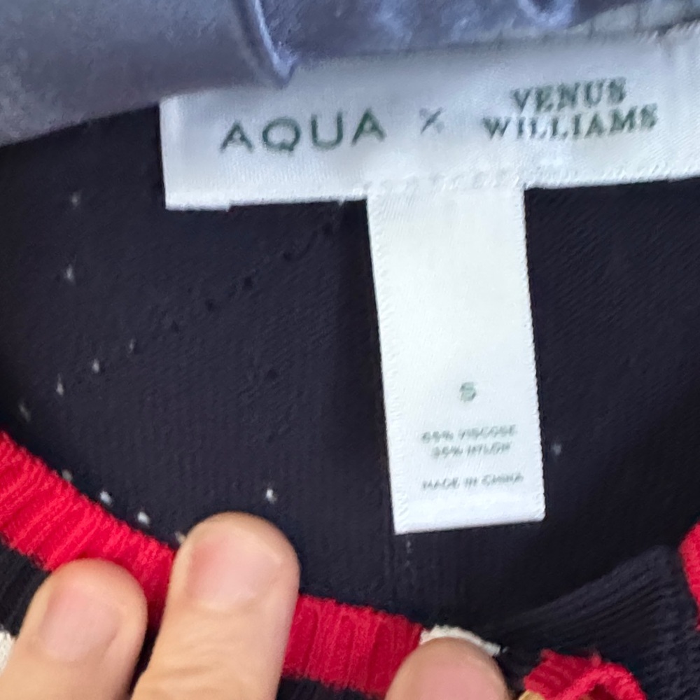 Aqua Navy Blue Cardigan with Red and White Trim - Picture 3 of 4